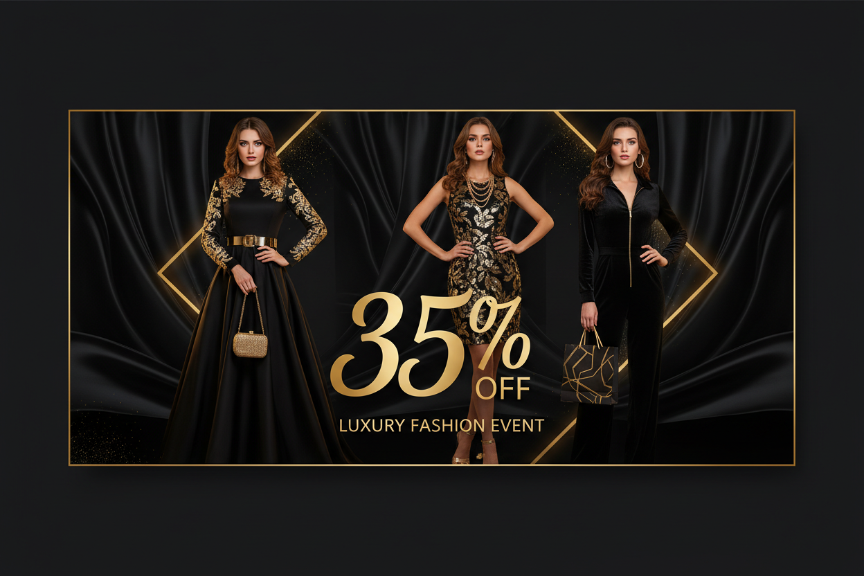 plz create a  shooping banner with girls in black and golden color with 35% off 